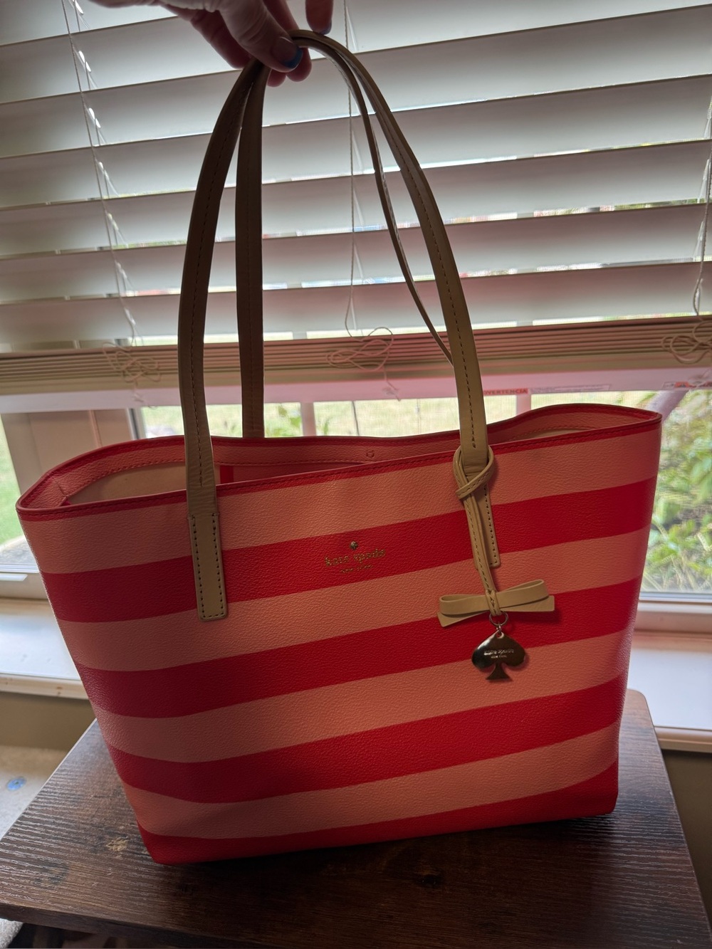 Kate Spade Pink Striped Leather Medium Tote Bag with Bow Charm